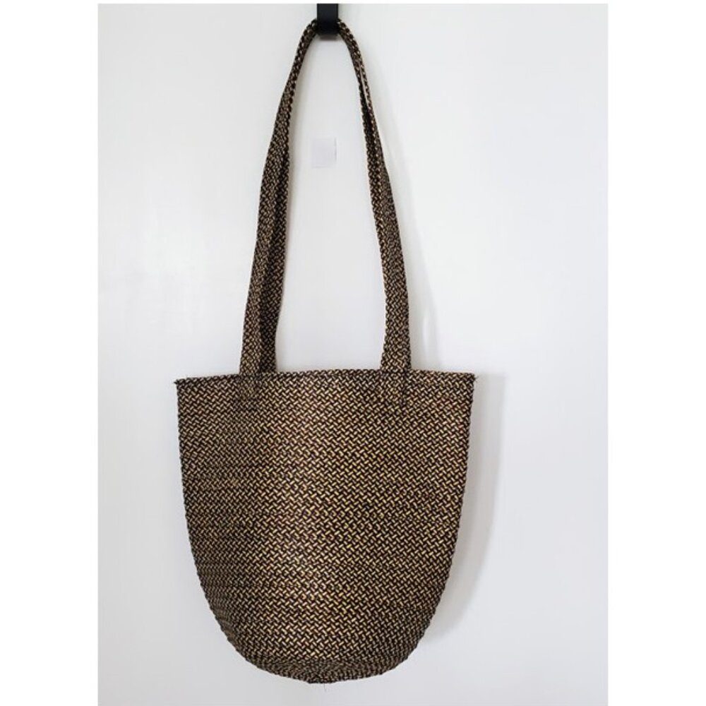 EUC Tutu Straw Shoulder Bag Tan & Black Two-Tone Zip Closure Lined Tote Bag